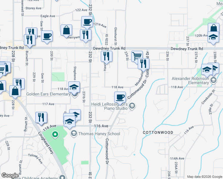 map of restaurants, bars, coffee shops, grocery stores, and more near 23328 118 Avenue in Maple Ridge