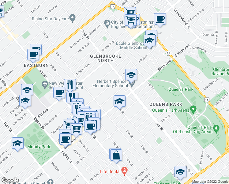 map of restaurants, bars, coffee shops, grocery stores, and more near 231 Princess Street in New Westminster