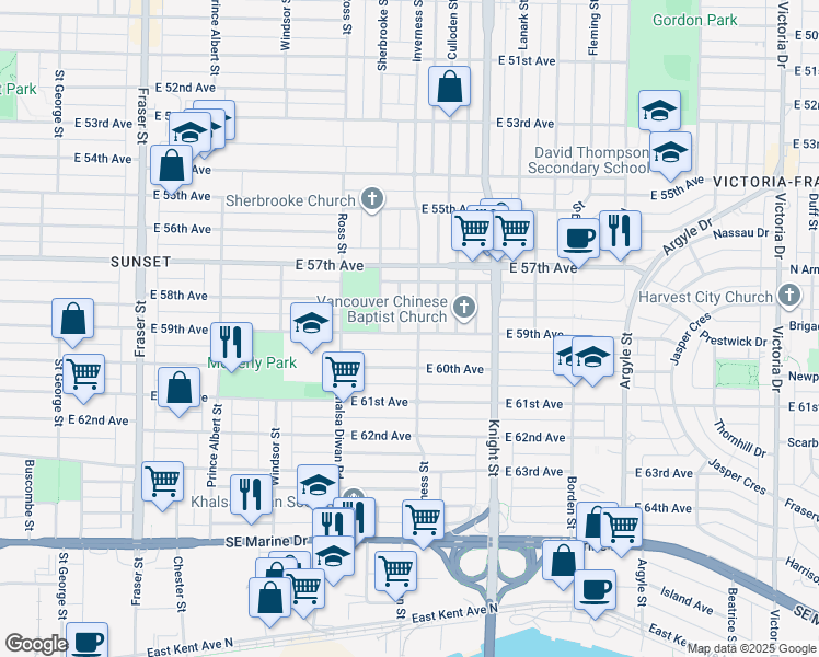 map of restaurants, bars, coffee shops, grocery stores, and more near 1283 East 59th Avenue in Vancouver