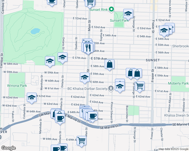 map of restaurants, bars, coffee shops, grocery stores, and more near 248 East 59th Avenue in Vancouver