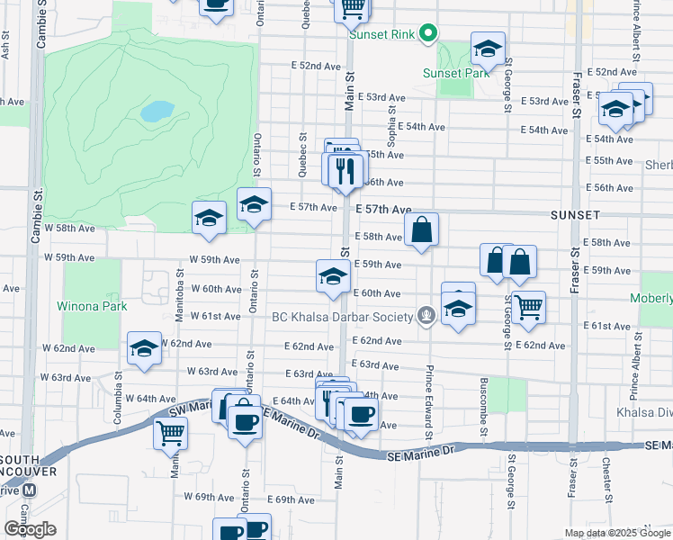 map of restaurants, bars, coffee shops, grocery stores, and more near 7511 Main Street in Vancouver
