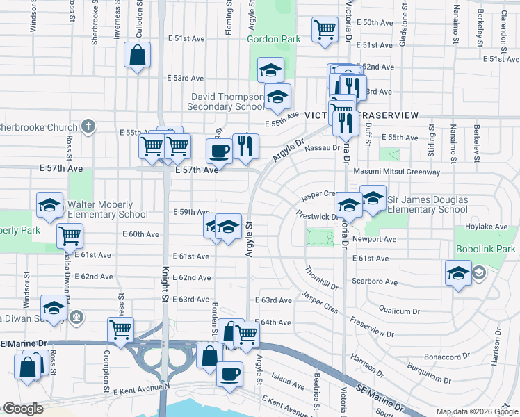 map of restaurants, bars, coffee shops, grocery stores, and more near 1741 East 59th Avenue in Vancouver
