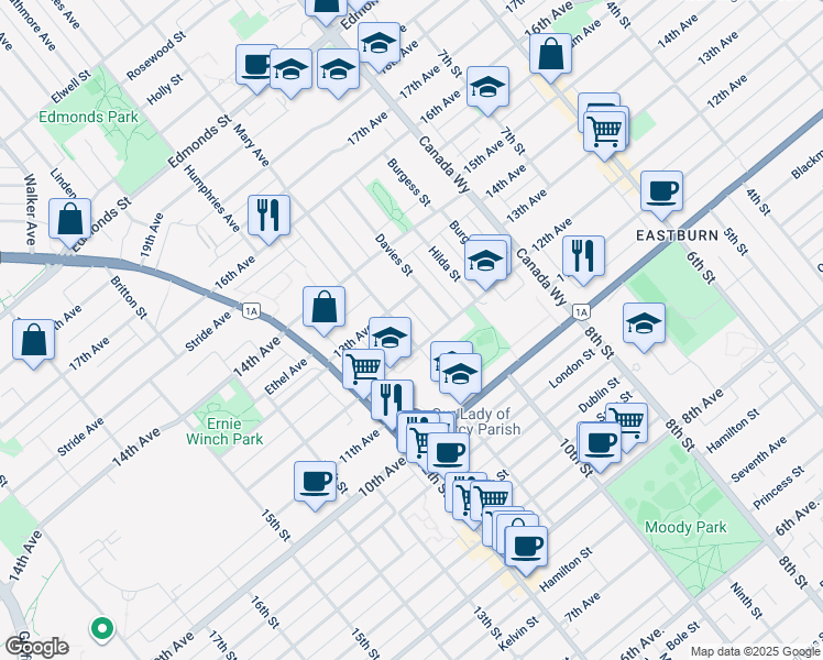 map of restaurants, bars, coffee shops, grocery stores, and more near 7760 Mary Avenue in Burnaby