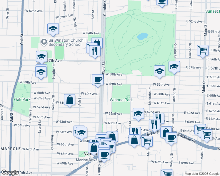 map of restaurants, bars, coffee shops, grocery stores, and more near 7533 Yukon Street in Vancouver