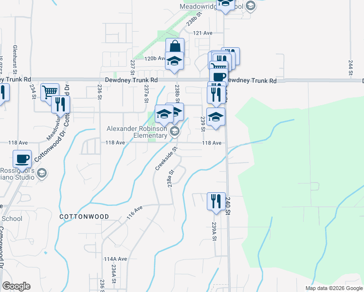 map of restaurants, bars, coffee shops, grocery stores, and more near 23866 118 Avenue in Maple Ridge