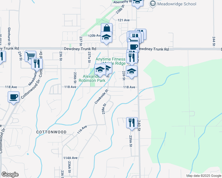 map of restaurants, bars, coffee shops, grocery stores, and more near 23860 118 Avenue in Maple Ridge