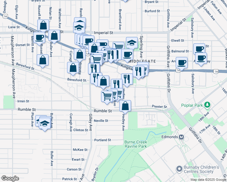 map of restaurants, bars, coffee shops, grocery stores, and more near 7411 Conway Avenue in Burnaby