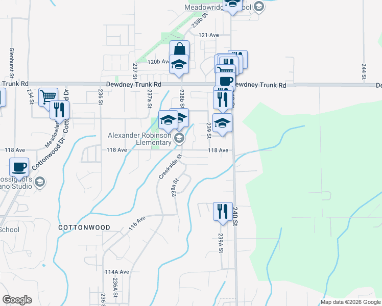 map of restaurants, bars, coffee shops, grocery stores, and more near 23866 118 Avenue in Maple Ridge