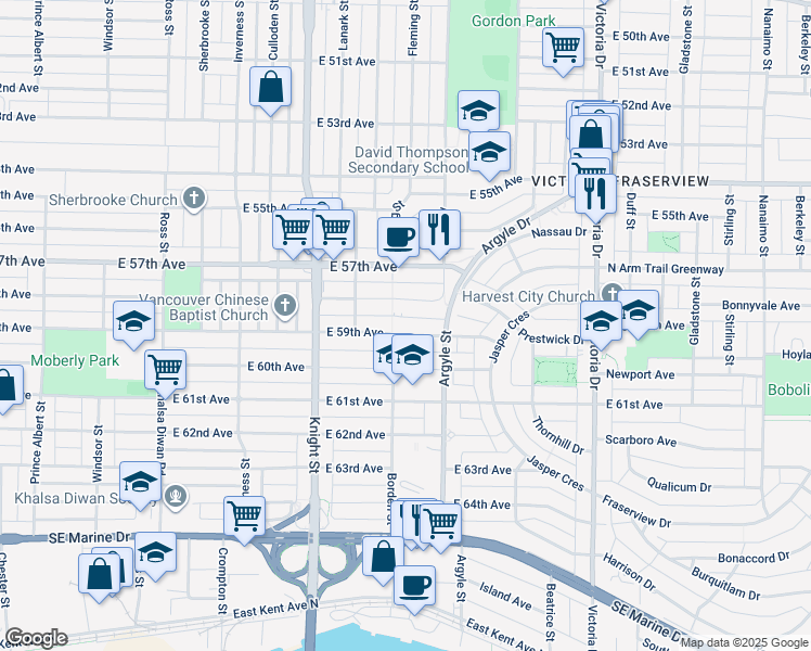 map of restaurants, bars, coffee shops, grocery stores, and more near 1629 East 59th Avenue in Vancouver