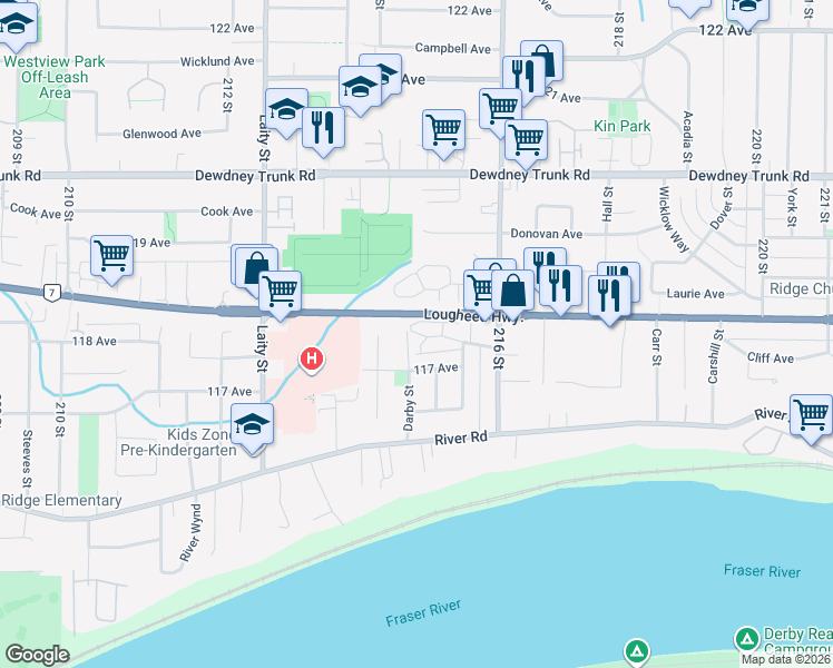map of restaurants, bars, coffee shops, grocery stores, and more near 11770 Morris Street in Maple Ridge