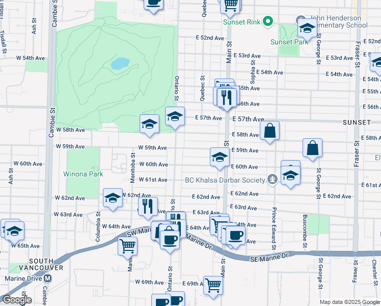 map of restaurants, bars, coffee shops, grocery stores, and more near 50 East 59th Avenue in Vancouver