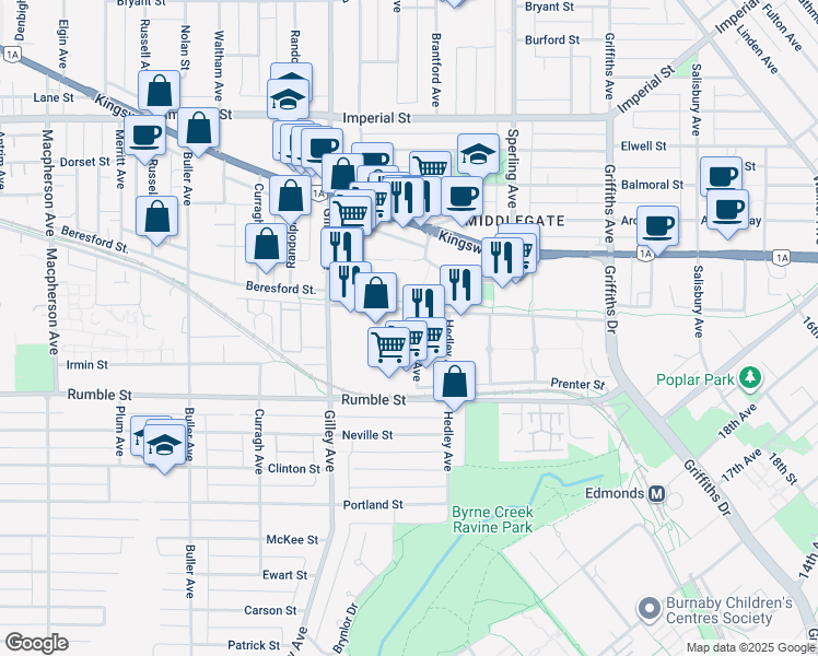 map of restaurants, bars, coffee shops, grocery stores, and more near 7411 Conway Avenue in Burnaby