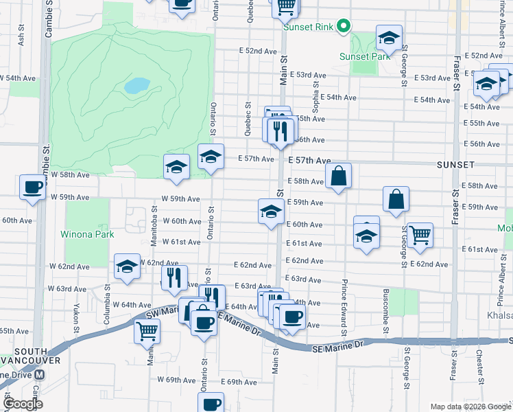 map of restaurants, bars, coffee shops, grocery stores, and more near 136 East 59th Avenue in Vancouver