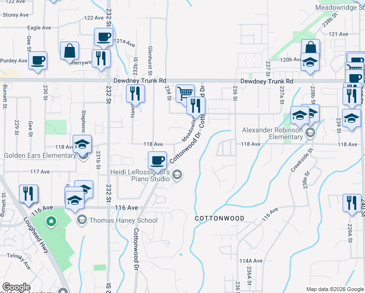 map of restaurants, bars, coffee shops, grocery stores, and more near 11822 Meadowlark Drive in Maple Ridge