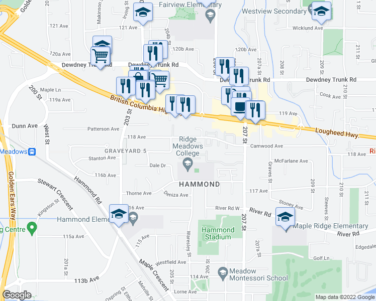 map of restaurants, bars, coffee shops, grocery stores, and more near in Maple Ridge