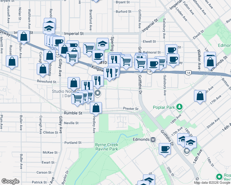 map of restaurants, bars, coffee shops, grocery stores, and more near 7317 Magnolia Terrace in Burnaby