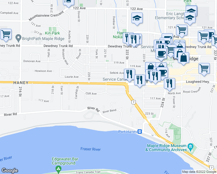 map of restaurants, bars, coffee shops, grocery stores, and more near 22108 Lougheed Highway in Maple Ridge