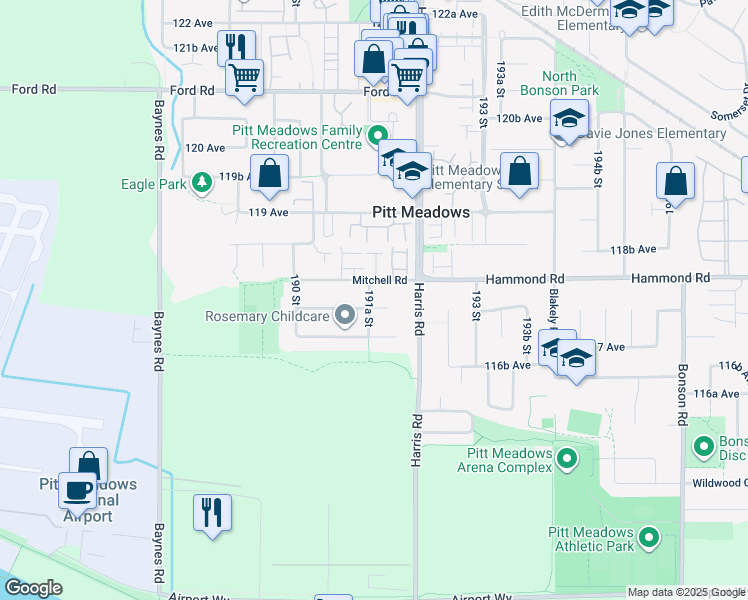 map of restaurants, bars, coffee shops, grocery stores, and more near 19135 117B Avenue in Pitt Meadows