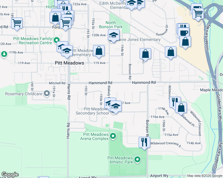 map of restaurants, bars, coffee shops, grocery stores, and more near 11768 Blakely Road in Pitt Meadows