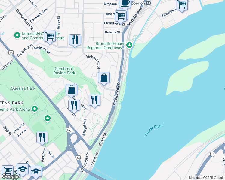 map of restaurants, bars, coffee shops, grocery stores, and more near 6 Richmond Street in New Westminster