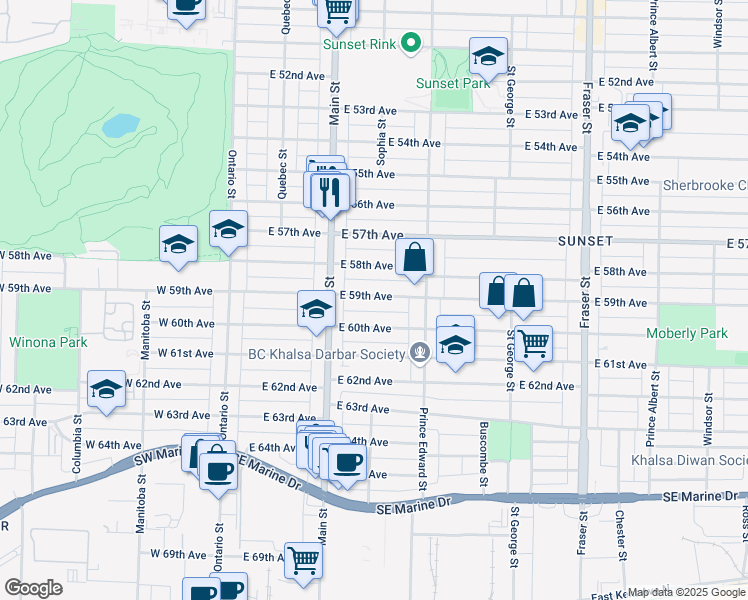 map of restaurants, bars, coffee shops, grocery stores, and more near 288 East 59th Avenue in Vancouver