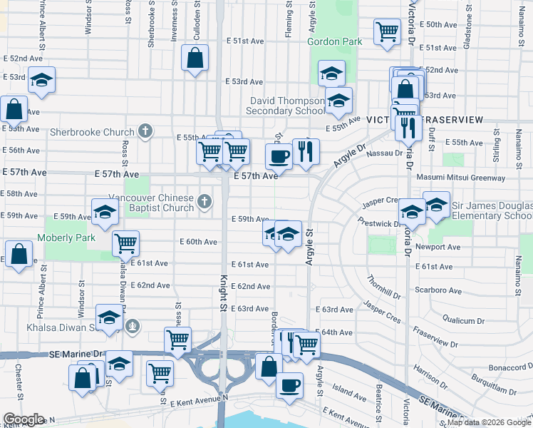 map of restaurants, bars, coffee shops, grocery stores, and more near 1563 East 59th Avenue in Vancouver
