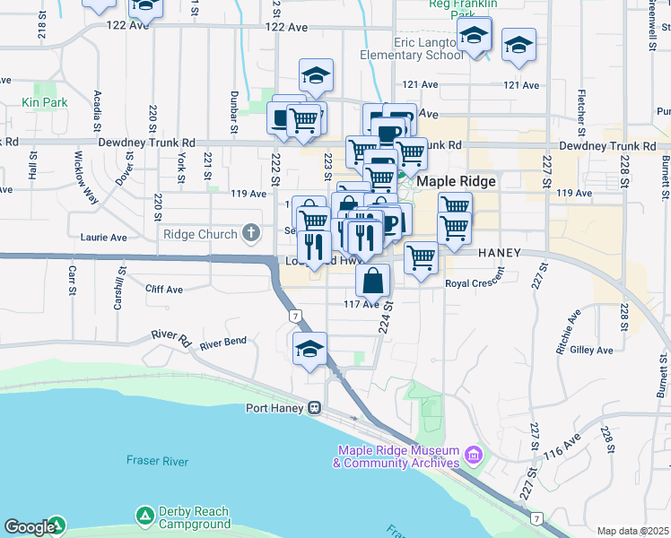 map of restaurants, bars, coffee shops, grocery stores, and more near in Maple Ridge