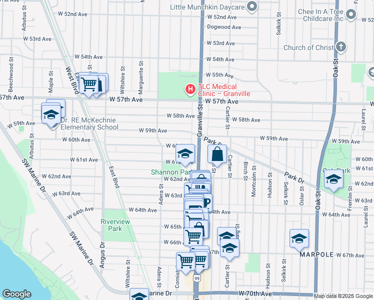 map of restaurants, bars, coffee shops, grocery stores, and more near 1518 West 60th Avenue in Vancouver