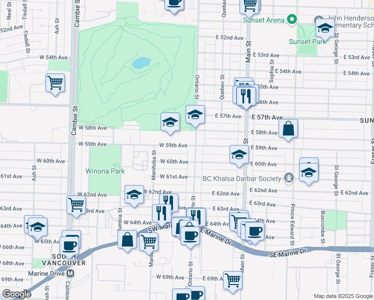 map of restaurants, bars, coffee shops, grocery stores, and more near in Vancouver