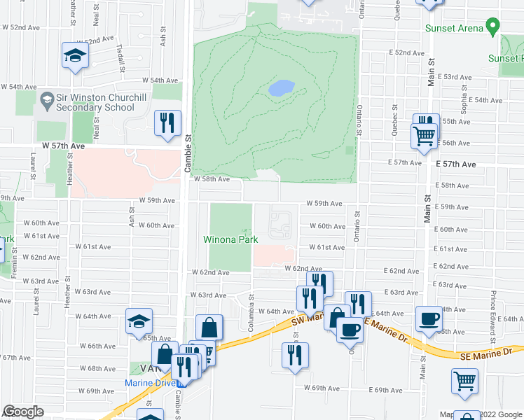 map of restaurants, bars, coffee shops, grocery stores, and more near in Vancouver