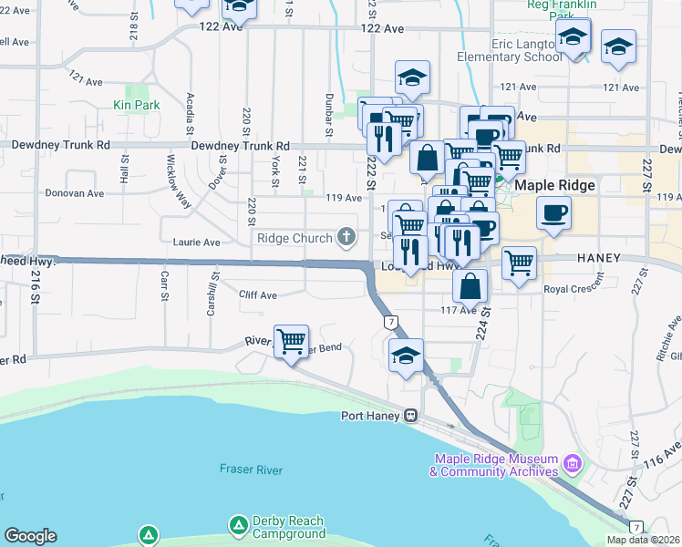 map of restaurants, bars, coffee shops, grocery stores, and more near 22154 Lougheed Highway in Maple Ridge