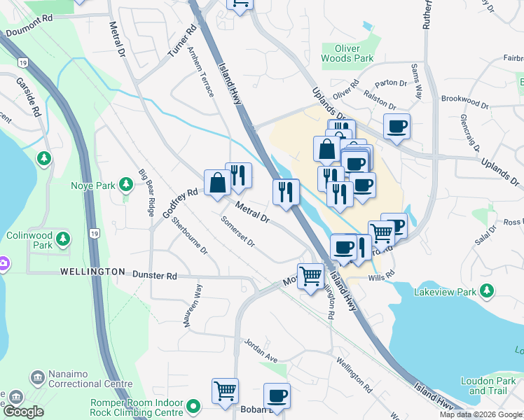 map of restaurants, bars, coffee shops, grocery stores, and more near 102-5220 Dublin Way in Nanaimo