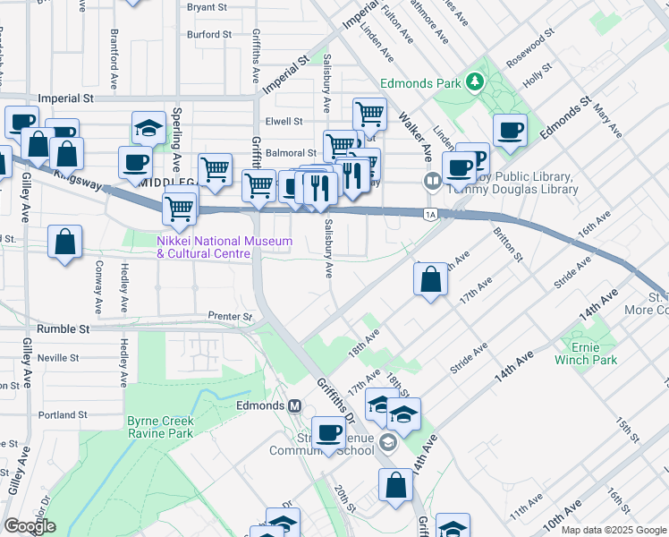 map of restaurants, bars, coffee shops, grocery stores, and more near 7322 Salisbury Avenue in Burnaby