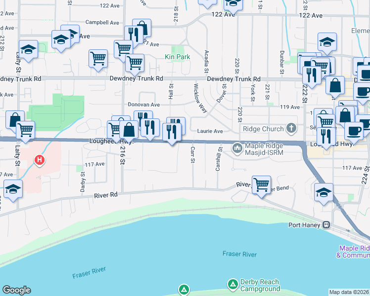 map of restaurants, bars, coffee shops, grocery stores, and more near 21808 Lougheed Highway in Maple Ridge