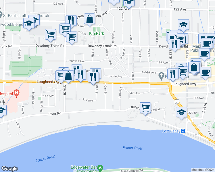 map of restaurants, bars, coffee shops, grocery stores, and more near 21848 Lougheed Highway in Maple Ridge