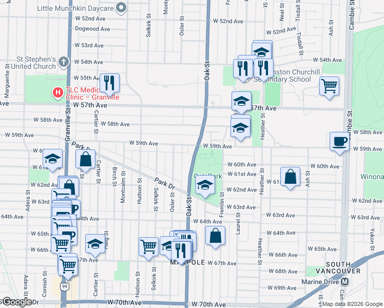 map of restaurants, bars, coffee shops, grocery stores, and more near 7555 Oak Street in Vancouver