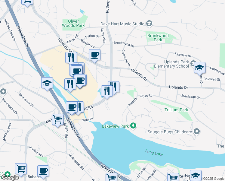map of restaurants, bars, coffee shops, grocery stores, and more near 4900 Rutherford Road in Nanaimo