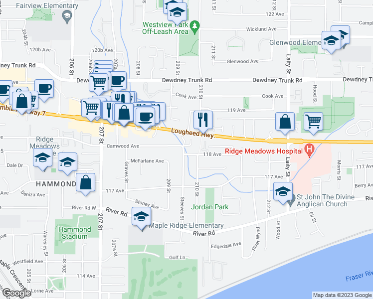 map of restaurants, bars, coffee shops, grocery stores, and more near 20955 118 Avenue in Maple Ridge