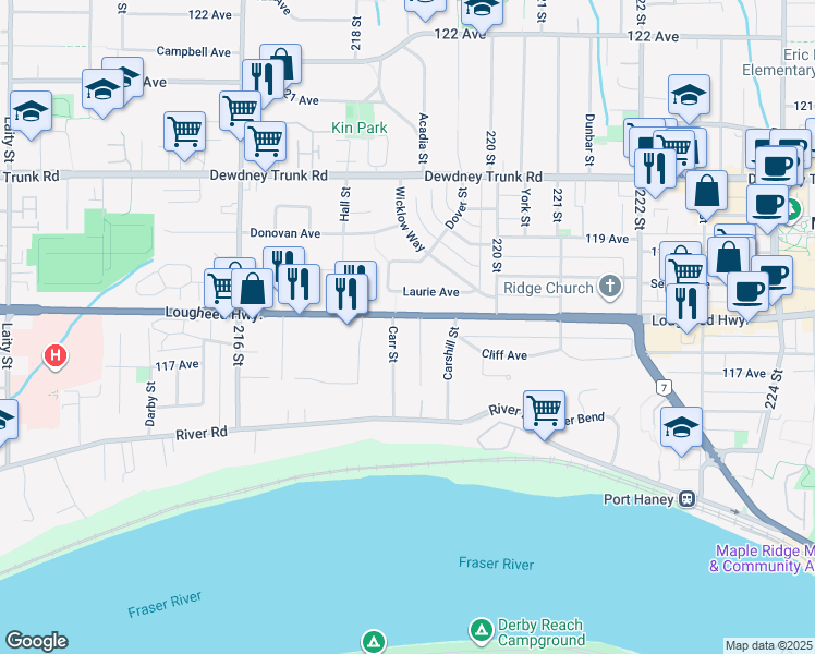 map of restaurants, bars, coffee shops, grocery stores, and more near 21854 Lougheed Highway in Maple Ridge