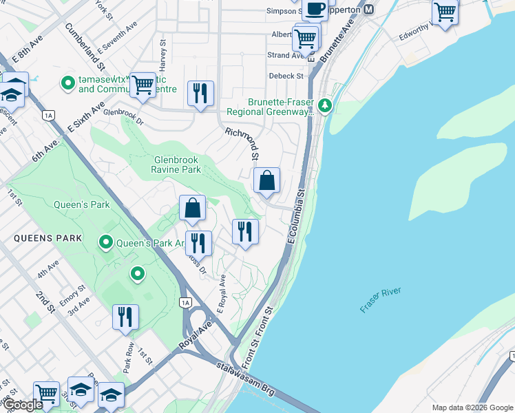 map of restaurants, bars, coffee shops, grocery stores, and more near 50 Richmond Street in New Westminster