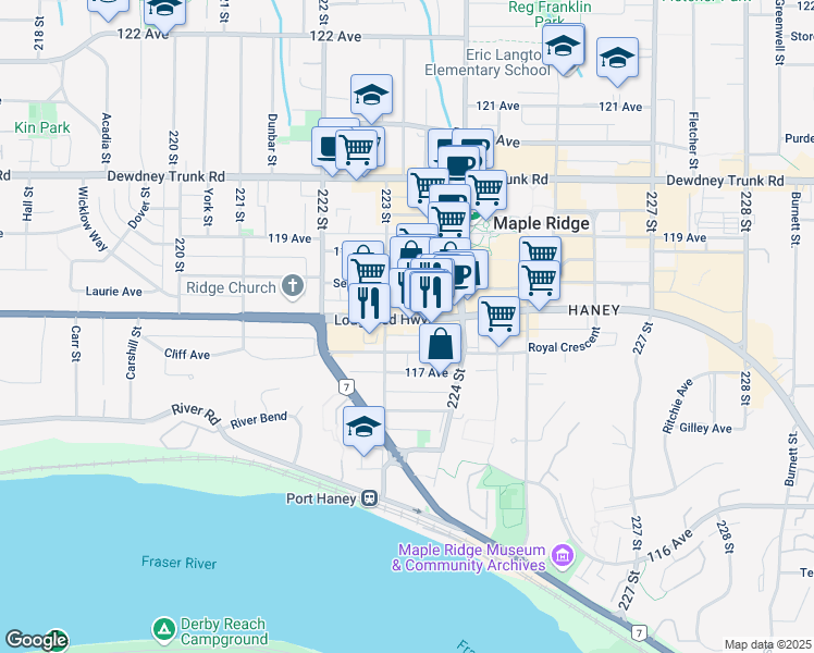 map of restaurants, bars, coffee shops, grocery stores, and more near in Maple Ridge