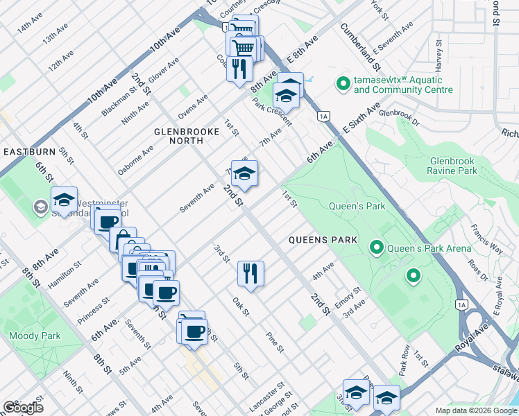 map of restaurants, bars, coffee shops, grocery stores, and more near 124 6th Avenue in New Westminster