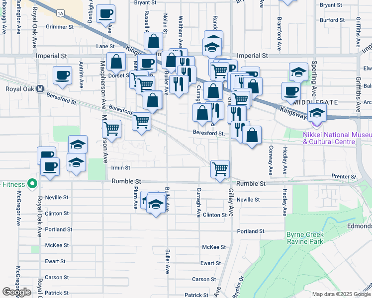 map of restaurants, bars, coffee shops, grocery stores, and more near BC Parkway in Burnaby