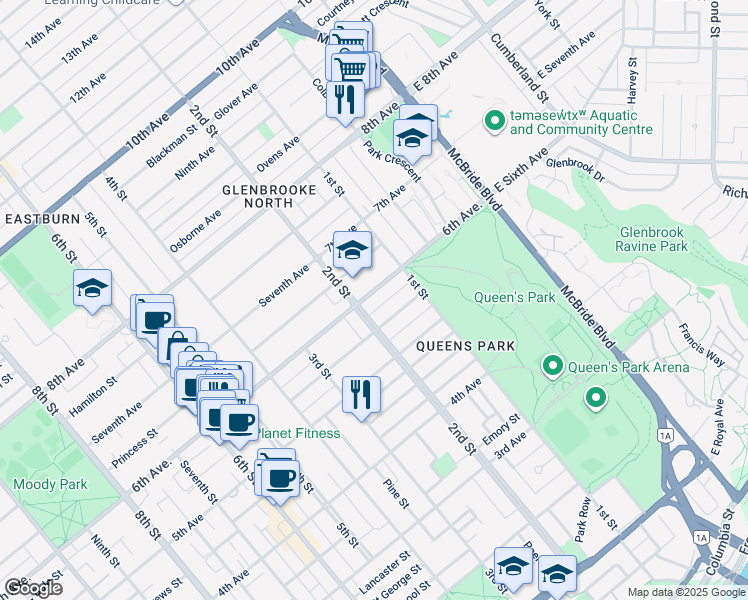 map of restaurants, bars, coffee shops, grocery stores, and more near 124 6th Avenue in New Westminster