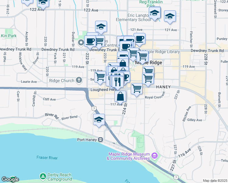 map of restaurants, bars, coffee shops, grocery stores, and more near in Maple Ridge