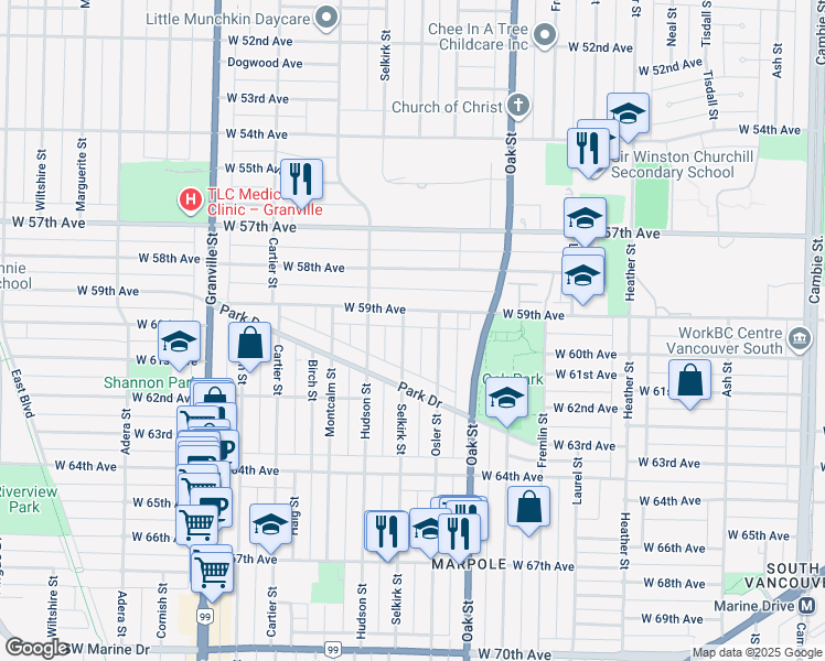 map of restaurants, bars, coffee shops, grocery stores, and more near 7526 Selkirk Street in Vancouver