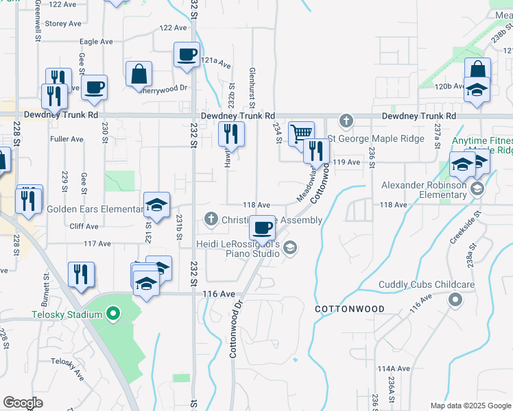 map of restaurants, bars, coffee shops, grocery stores, and more near 11795 Glenhurst Street in Maple Ridge