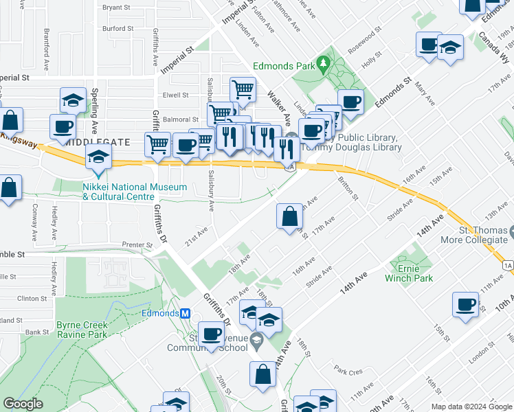 map of restaurants, bars, coffee shops, grocery stores, and more near 7173 Edmonds Street in Burnaby