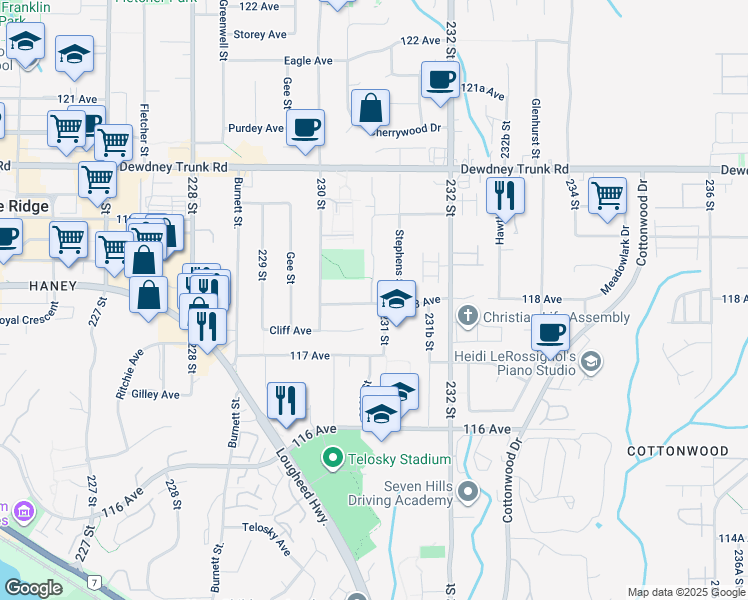 map of restaurants, bars, coffee shops, grocery stores, and more near 23085 118th Avenue in Maple Ridge