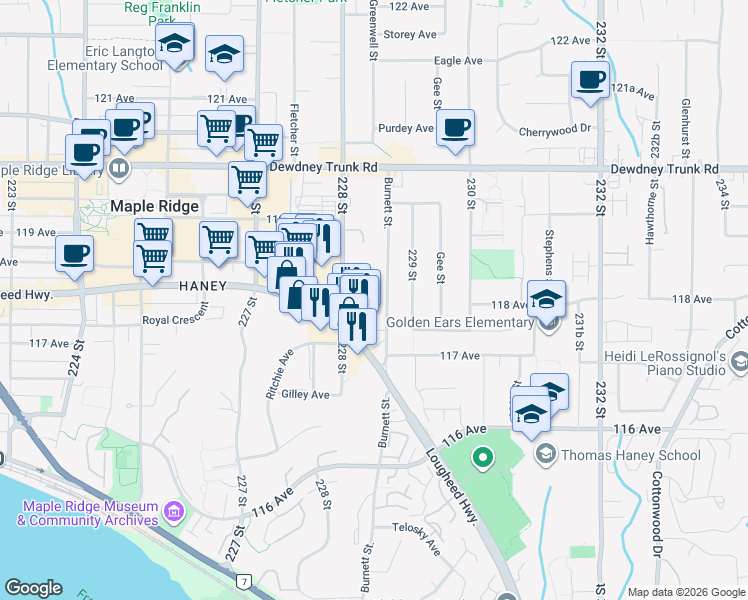 map of restaurants, bars, coffee shops, grocery stores, and more near 11797 Burnett Street in Maple Ridge